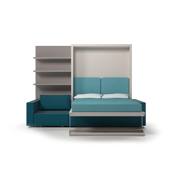 Swing transformable sofa with vertical bed and bookcase